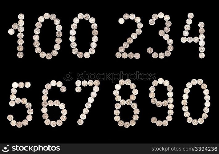 numbers set from 0 to 9 of money coins isolated on black