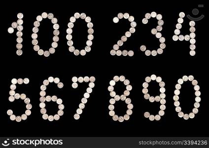 numbers set from 0 to 9 of money coins isolated on black