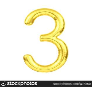 Numeral 3, Golden balloon number three isolated on white background, 3D Rendering