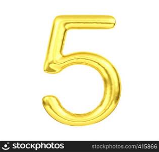 Numeral 5, Golden balloon number five isolated on white background, 3D Rendering
