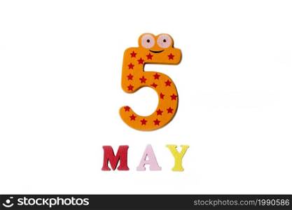 Numeral five and the word may on a white background. Calendar.. Numeral five and the word may on a white background.