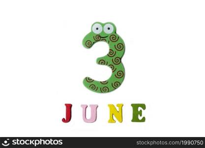 Numeral three and the word June on a white background. Calendar.. Numeral three and the word June on a white background.
