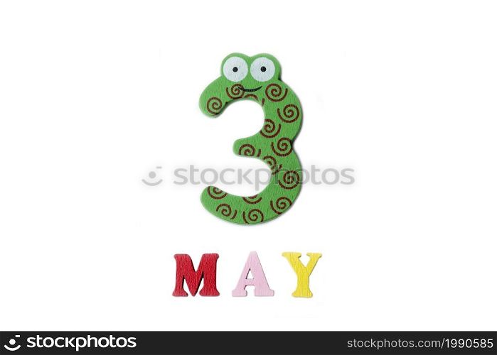 Numeral three and the word may on a white background. Calendar.. Numeral three and the word may on a white background.