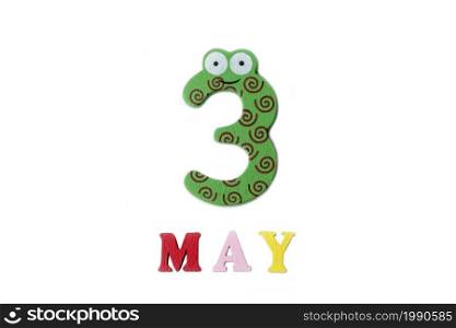 Numeral three and the word may on a white background. Calendar.. Numeral three and the word may on a white background.