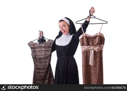 Nun choosing clothing on the hanger isolated on white