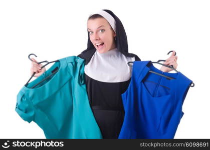 Nun choosing clothing on the hanger isolated on white