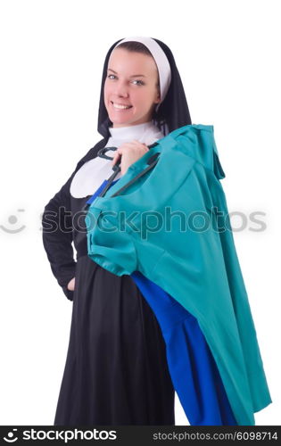 Nun choosing clothing on the hanger isolated on white