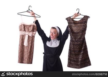 Nun choosing clothing on the hanger isolated on white