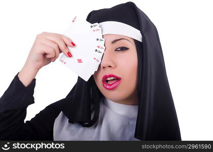 Nun playing cards on white