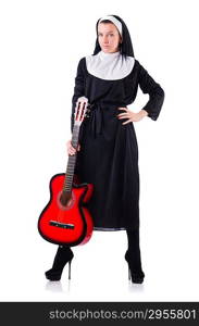 Nun playing guitar isolated on white