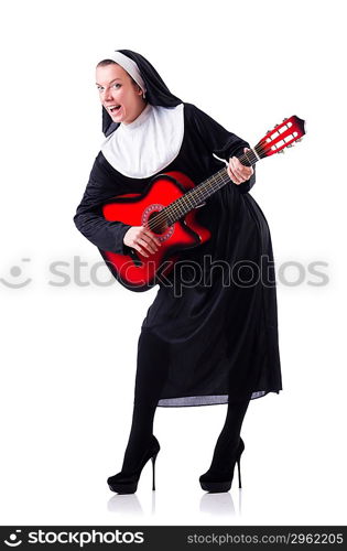 Nun playing guitar isolated on white