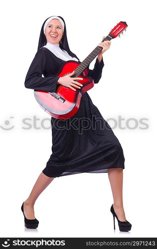 Nun playing guitar isolated on white