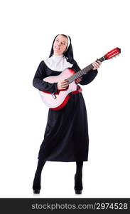 Nun playing guitar isolated on white