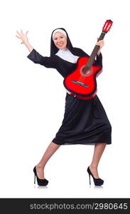 Nun playing guitar isolated on white