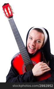 Nun playing guitar isolated on white