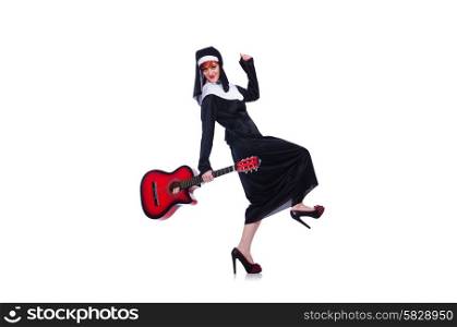 Nun playing guitar isolated on white