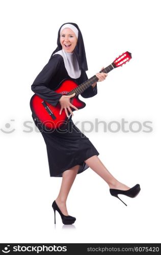 Nun playing guitar isolated on white