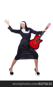 Nun playing guitar isolated on white