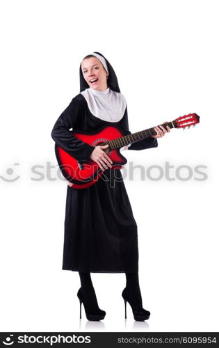 Nun playing guitar isolated on white