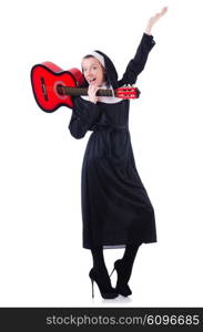 Nun playing guitar isolated on white