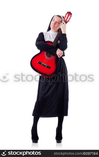 Nun playing guitar isolated on white