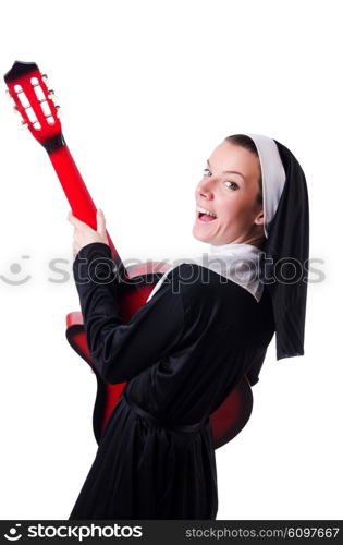 Nun playing guitar isolated on white