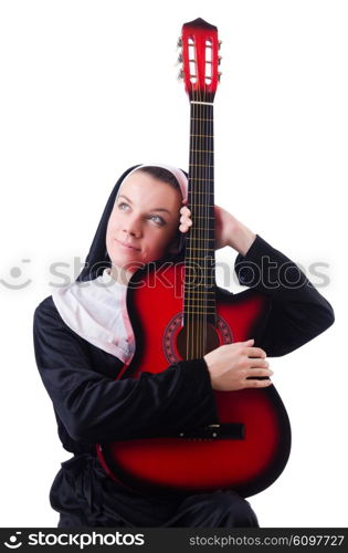 Nun playing guitar isolated on white