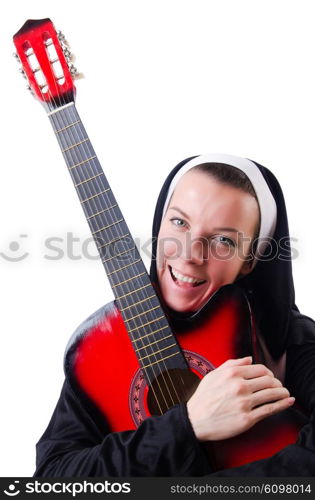 Nun playing guitar isolated on white