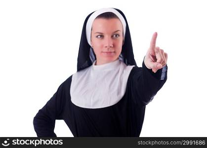 Nun pressing virtual buttons on white