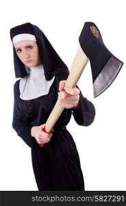 Nun with axe isolated on white