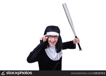 Nun with baseball bat on white