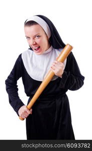 Nun with baseball bat on white