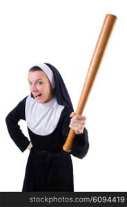 Nun with baseball bat on white