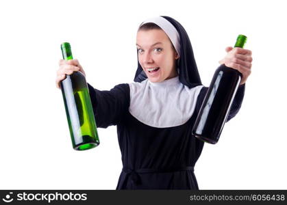 Nun with bottle of red wine