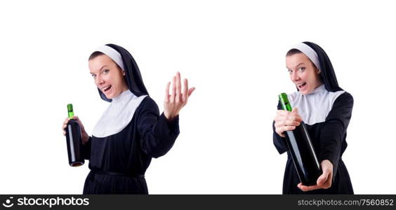 Nun with bottle of the red wine. Nun with bottle of red wine