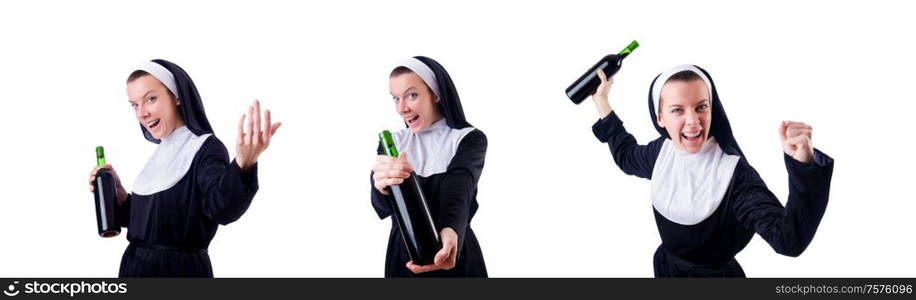 Nun with bottle of the red wine. Nun with bottle of red wine