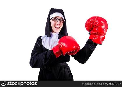 Nun with boxing gloves isolated on white