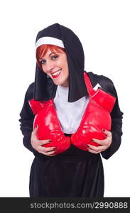 Nun with boxing gloves isolated on white