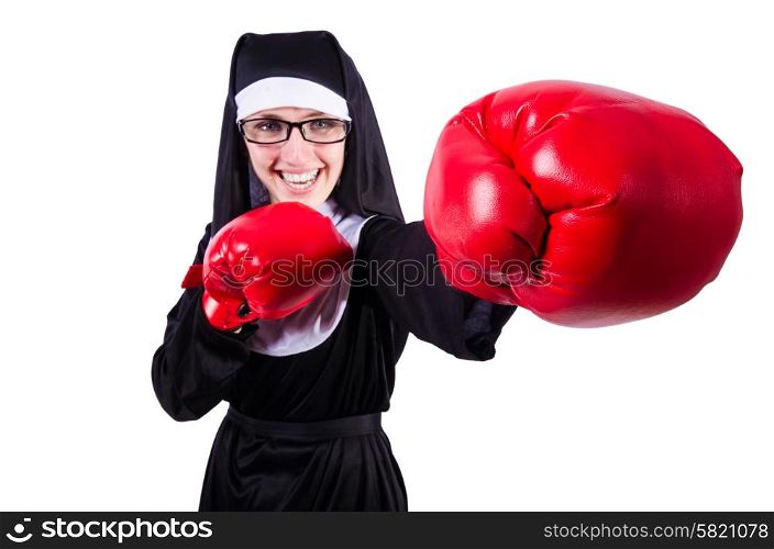 Nun with boxing gloves isolated on white