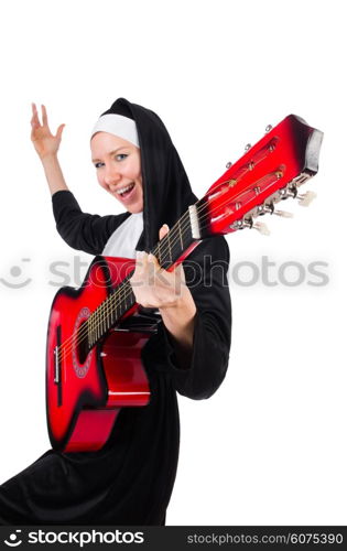 Nun with guitar isolated on the white