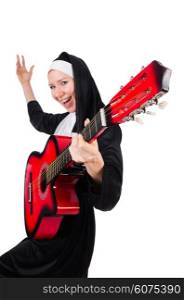 Nun with guitar isolated on the white