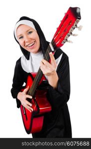 Nun with guitar isolated on the white