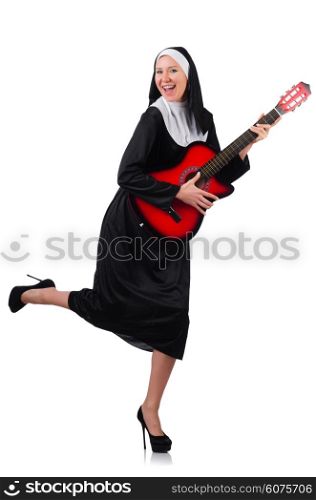 Nun with guitar isolated on the white