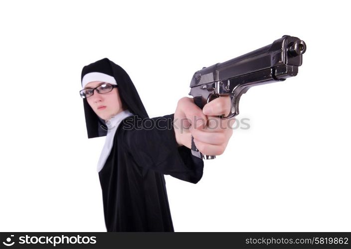 Nun with gun isolated on the white