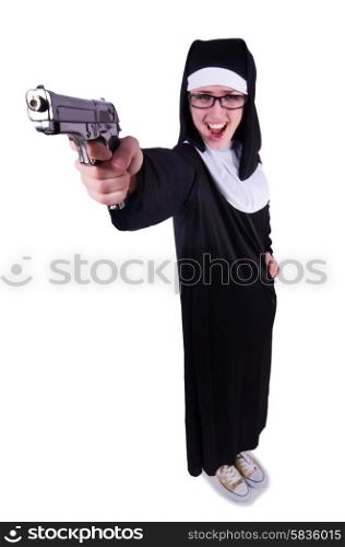 Nun with gun isolated on the white