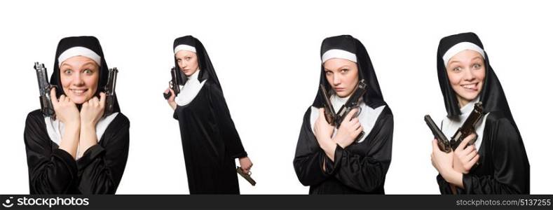 Nun with gun isolated on white