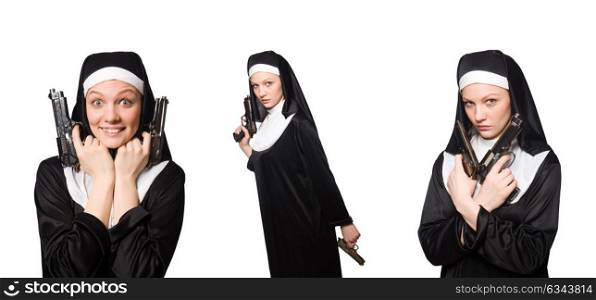 Nun with gun isolated on white