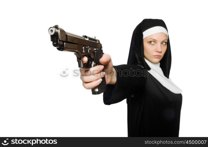 Nun with handgun isolated on white