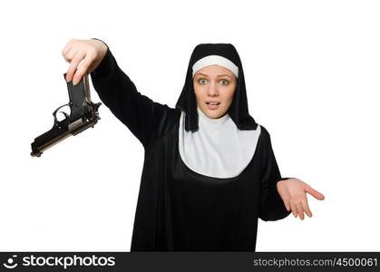 Nun with handgun isolated on white