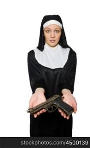 Nun with handgun isolated on white